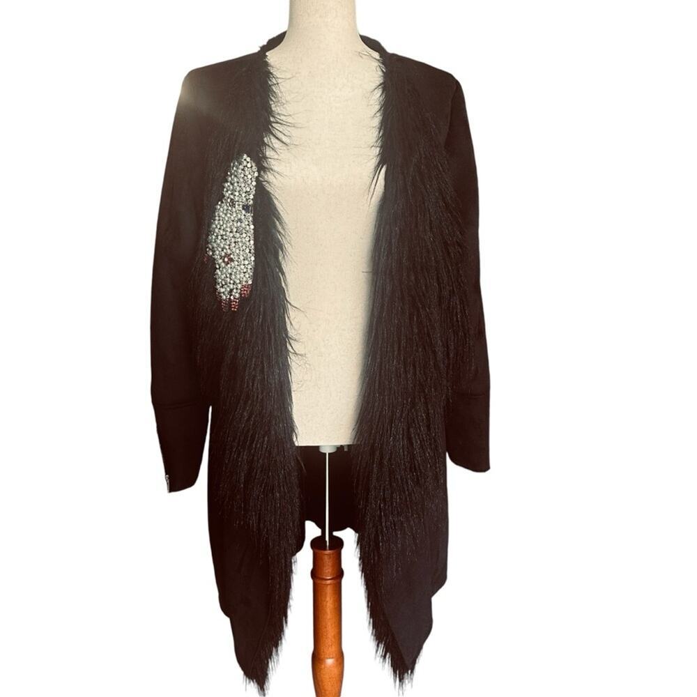 Simon Chang Black Faux Fur Coat Rhinestone Glove Embellishment Faux Fur Size 10